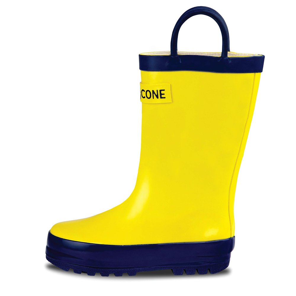 LONECONE Rain Boots with Easy-On Handles in Solid Colors for Boys and Girls, Play-Proof Flexible Rubber, Durable Non-Slip Treads, Kid-Friendly for Hours of Joy - Classic Yellow, 4 Toddler