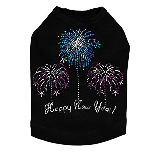 Happy New Year Fireworks - Bling Rhinestone New Year Dog Shirt, 2XL Black