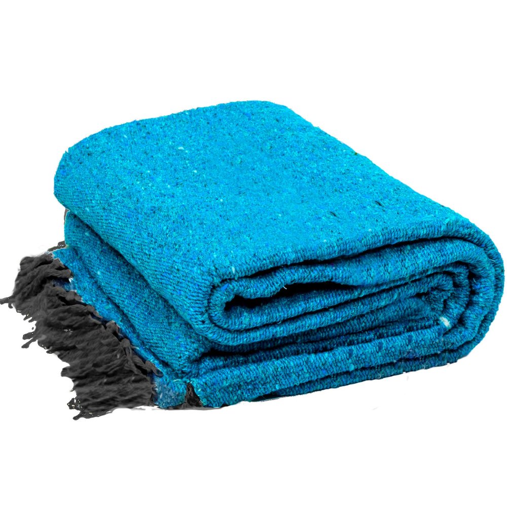 Open Road Goods Handmade Solid Color Yoga Blanket - Thick Mexican Blanket or Throw - Made for Yoga! (Blue Blanket)
