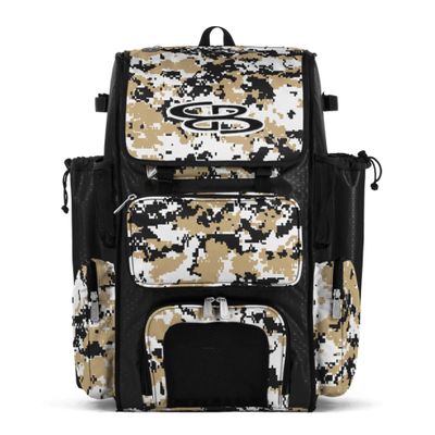 Boombah Superpack Bat Pack - Backpack Version (no wheels) - Holds 4 Bats - Camo Black/Vegas Gold - For Baseball or Softball