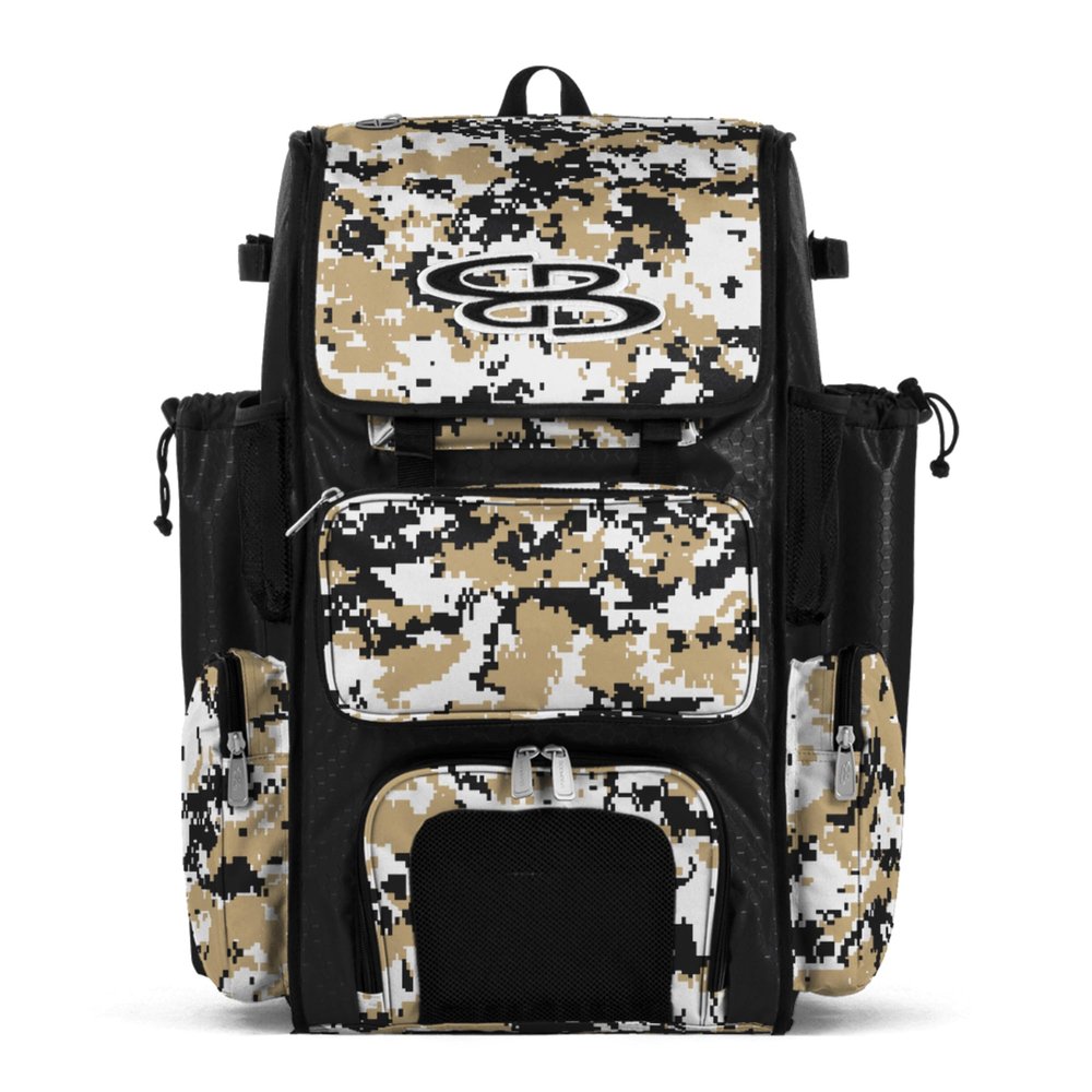 Boombah Superpack Bat Pack - Backpack Version (no wheels) - Holds 4 Bats - Camo Black/Vegas Gold - For Baseball or Softball