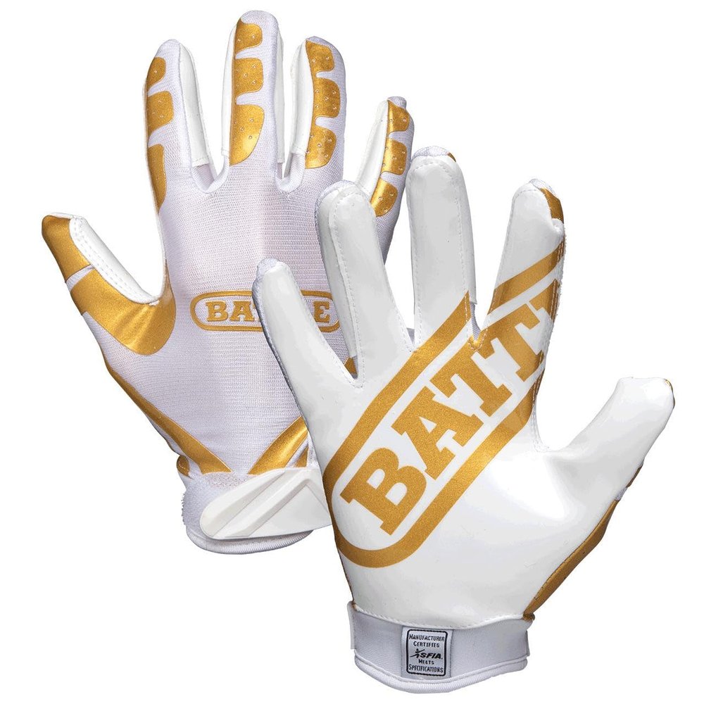 Battle Sports Ultra-Stick Wide Receiver Football Gloves - Adult & Youth Football Gloves - Adult Medium, Gold/White