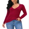 Afibi Women Deep V Neck Low Cut Long Sleeve Slim Shirt Tee Top Blouse (X-Large, Red Wine) view 2