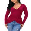 Afibi Women Deep V Neck Low Cut Long Sleeve Slim Shirt Tee Top Blouse (X-Large, Red Wine) view 3