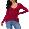 Afibi Women Deep V Neck Low Cut Long Sleeve Slim Shirt Tee Top Blouse (X-Large, Red Wine) view 4