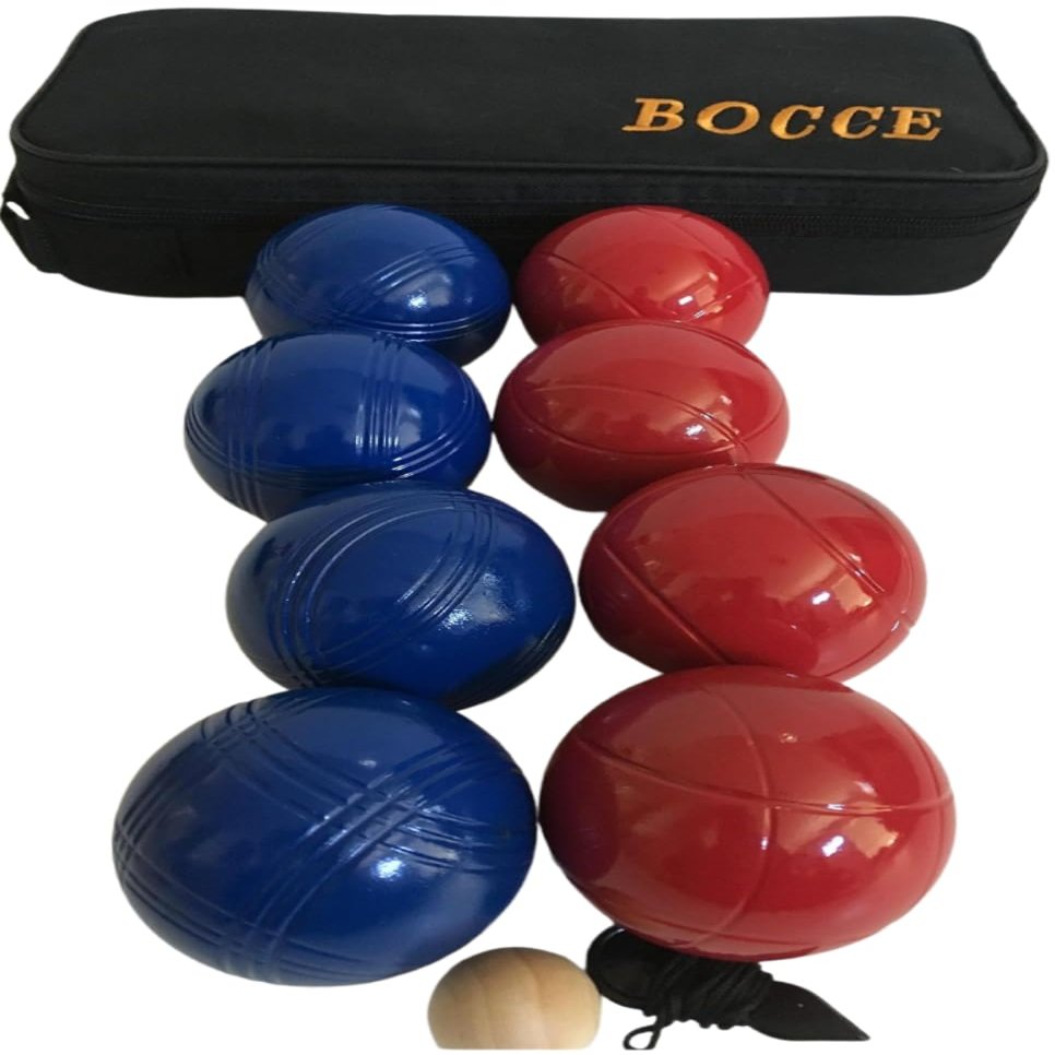 BuyBocceBalls Listing -73mm Metal Bocce/Petanque 8 Ball Set with 4 Blue and 4 red Balls and Black Bag