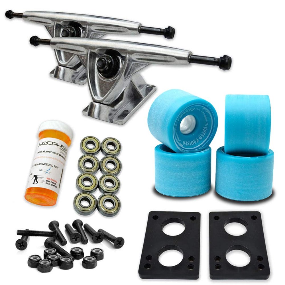 Yocaher Longboard Skateboard Trucks Combo Set 71mm Wheels + 7"/180mm Heavy Duty Aluminum Polished Trucks, Bearing, Riser Pad, and Longboard Hardware Package (Babyblue Wheel & Polished Trucks)