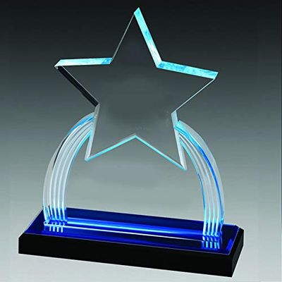 SHOP AWARDS AND GIFTS Acrylic Clear Star Trophy Award Personalized, Customizable Engraved Work Business Prizes, Blue Reflective Black Base, 9 3/4 Inch
