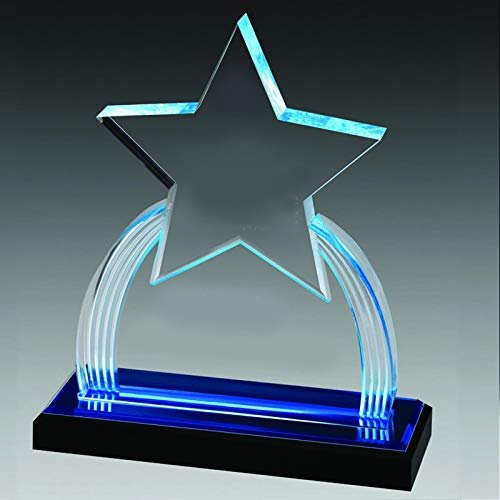 SHOP AWARDS AND GIFTS Acrylic Clear Star Trophy Award Personalized, Customizable Engraved Work Business Prizes, Blue Reflective Black Base, 9 3/4 Inch