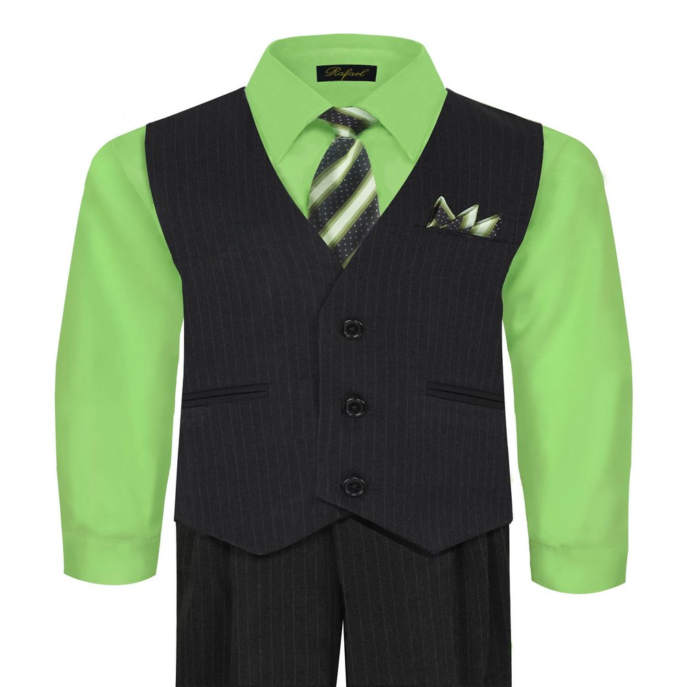 Rafael Boy's Vest and Pant Set, Includes Shirt, Tie and Hanky - 4T, Black/Lime