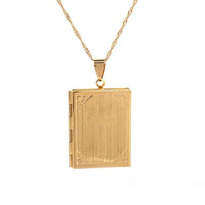 18k Gold-Filled Cross Locket Pendant Necklace with Engraved Cross