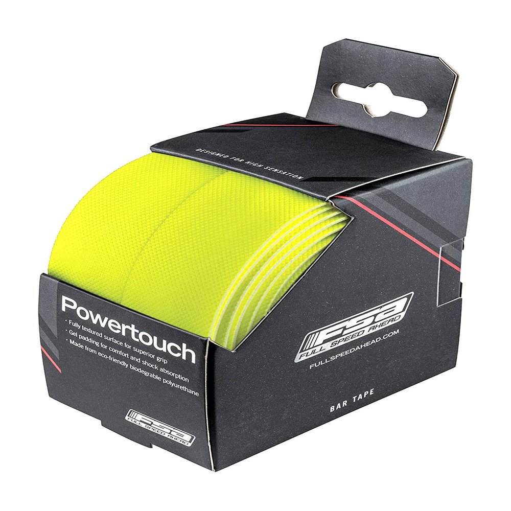 Full Speed Ahead PowerTouch Bar Tape - Neon Yellow, Synthetic/Cork Hybrid Grip, Wet Weather Performance, Gel Padding for Comfort, No-Glove Use, Easy Install, Cycling Bar Tape for Road & Mountain Bikes