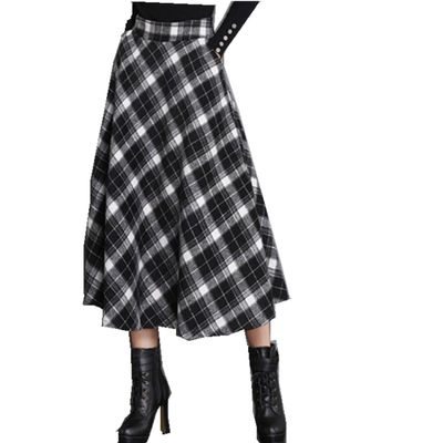 Taiduosheng Women's Wool Maxi Skirt A-Line Pleated Vintage Plaid Winter Swing Skirts Black XL