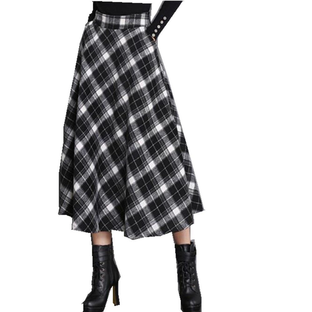 Taiduosheng Women's Wool Maxi Skirt A-Line Pleated Vintage Plaid Winter Swing Skirts Black XL