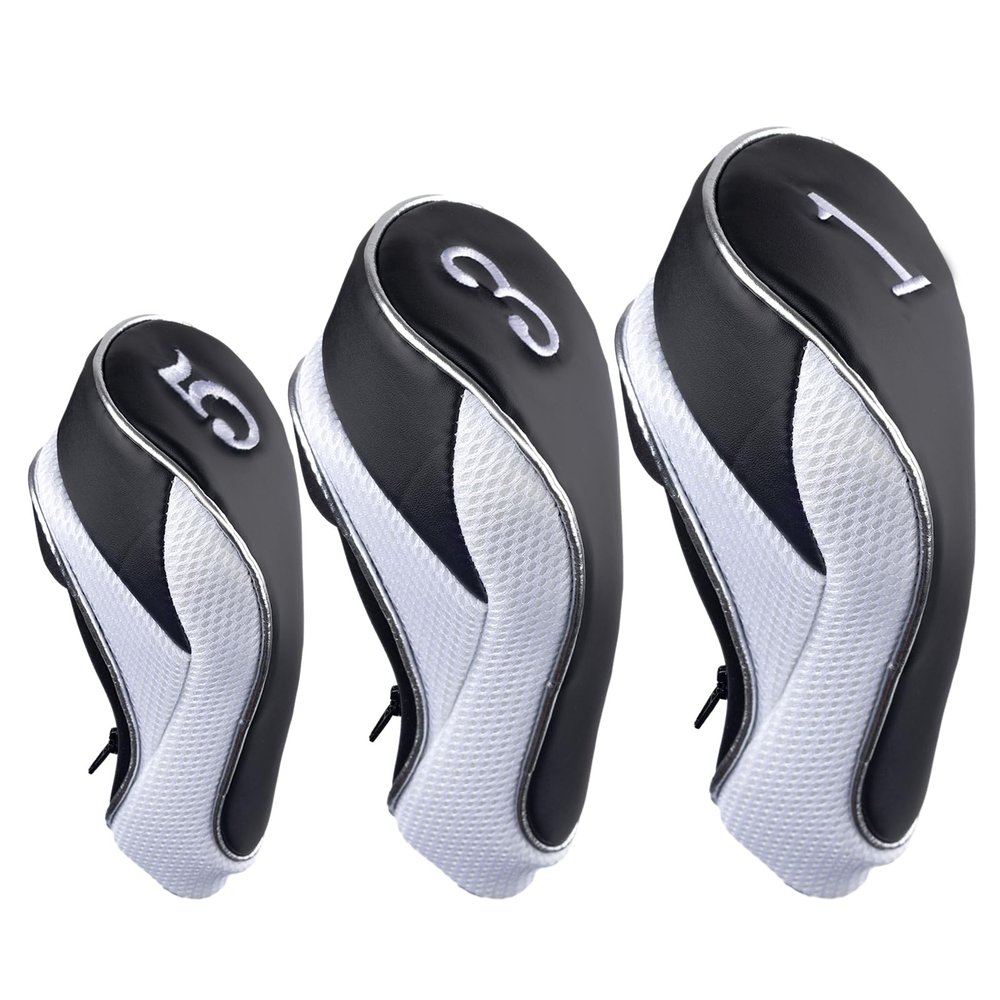 Andux Golf 460cc Driver Fairway Wood Head Covers with Zipper Closure Set of 3 (Black/White)