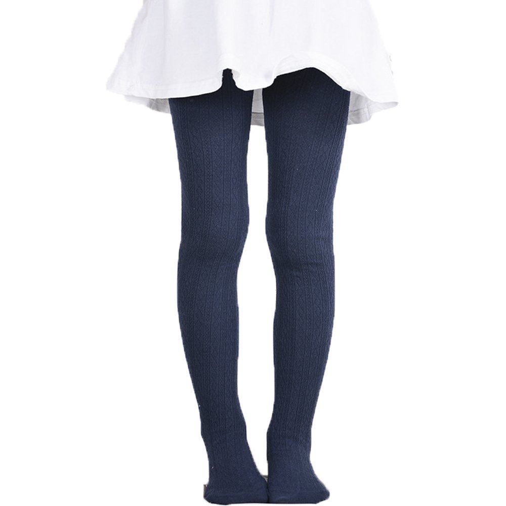 Monvecle Girls' Thick Cotton Stockings Socks Stretch Cable Knit Footed Tights Navy 8-10
