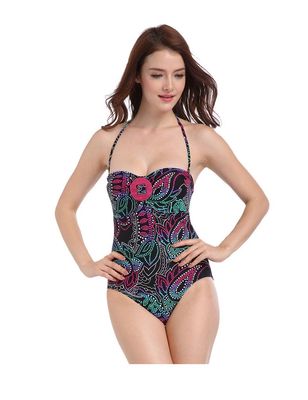Bestgift Women's Halter Neck Backless One Piece Swimwear Multicolor L