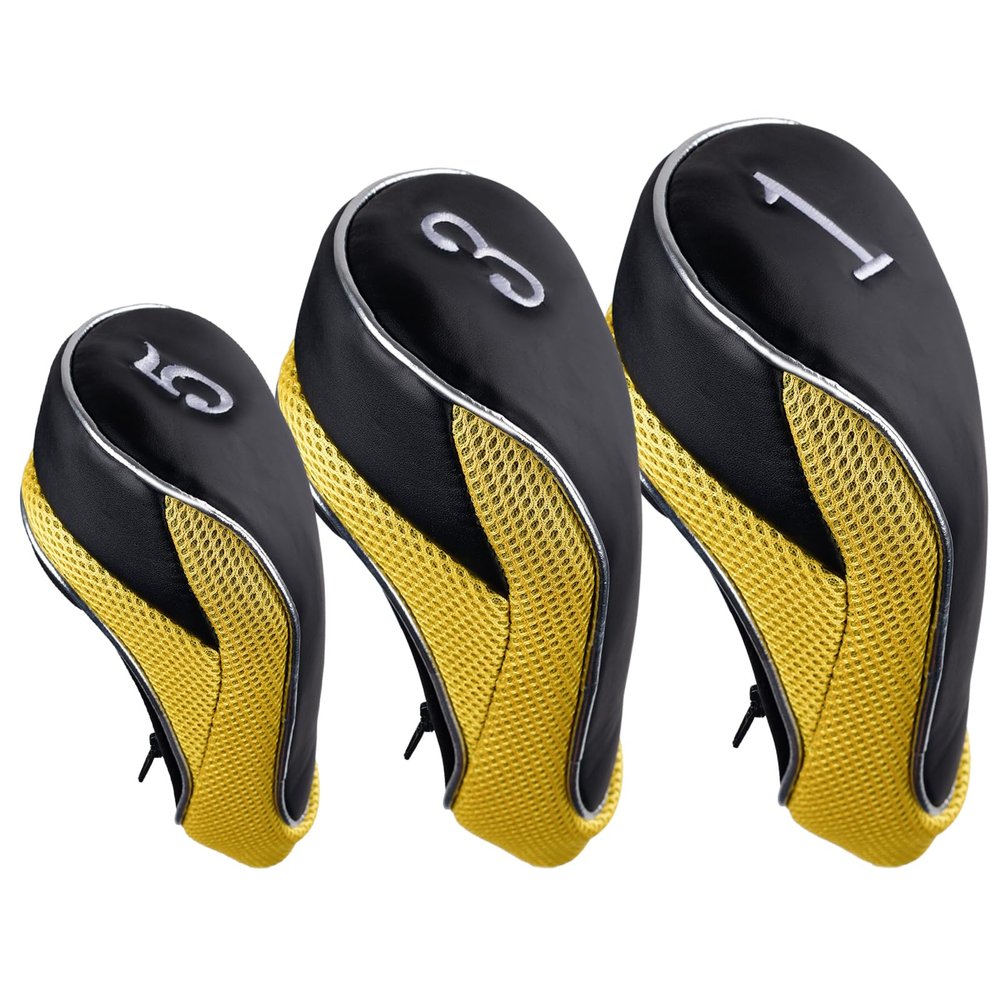 Andux Golf 460cc Driver Fairway Wood Head Covers with Zipper Closure Set of 3 (Black/Yellow)