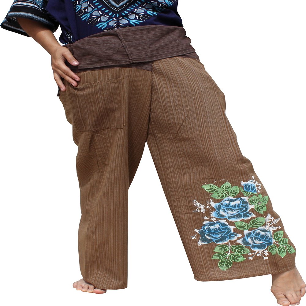 RaanPahMuang Striped Cotton Two Toned Fisherman Pants Handpainted Rose Flower, Medium, Dark Brown