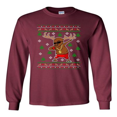 Long Sleeve Adult T-Shirt Rudolph Gangsta Sleigh Reindeer Cool Ugly Christmas Funny DT (X Large, Maroon)