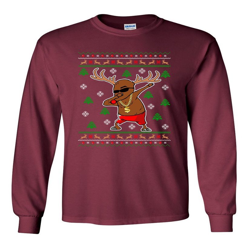 Long Sleeve Adult T-Shirt Rudolph Gangsta Sleigh Reindeer Cool Ugly Christmas Funny DT (X Large, Maroon)