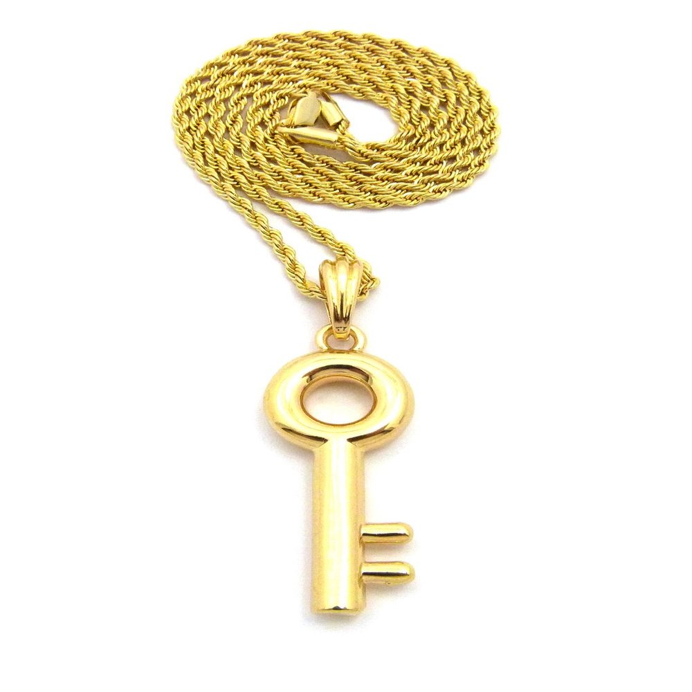 NYFASHION101 Polished Lever Lock Key Pendant w/2mm 24" Rope Chain Necklace, Gold-Tone