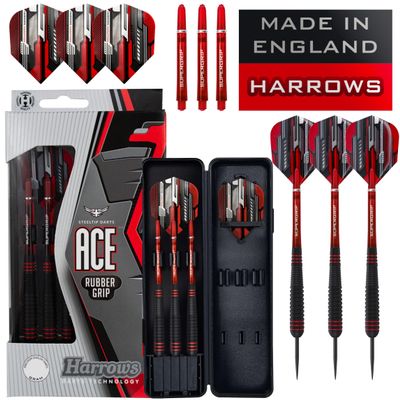 Harrows Ace Rubber Brass Steel Tip Darts Set 20g, 22g, 24g & 26g - Includes Supergrip Shafts, Micron Marathon Flights & Convenient Travel Case 22g
