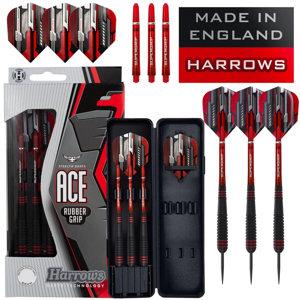 Harrows Ace Rubber Brass Steel Tip Darts Set 20g, 22g, 24g & 26g - Includes Supergrip Shafts, Micron Marathon Flights & Convenient Travel Case 22g