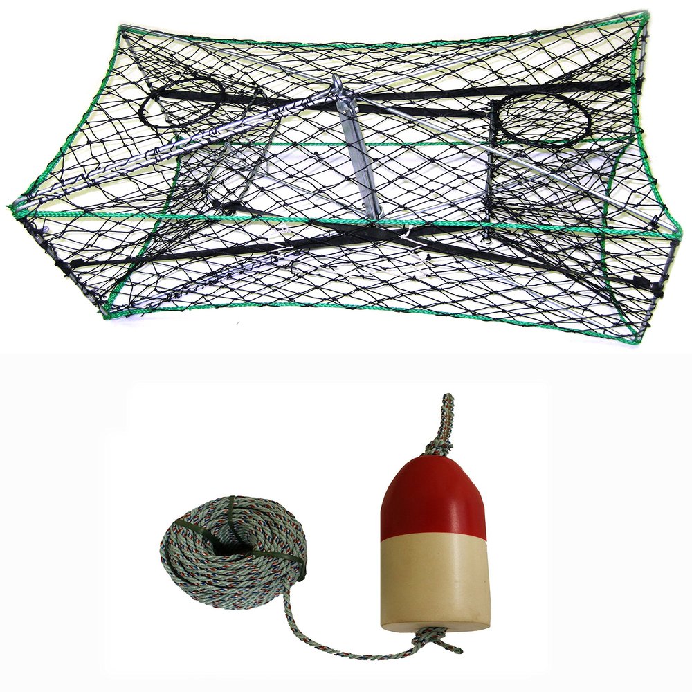 KUFA Galvanized Foldable Crab Trap, 1/4" x 100' Lead Rope & 5"X11" Red/White Float Combo (S33+FQL100)