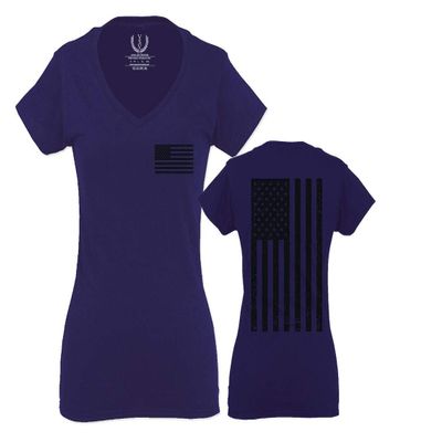 0021. Vintage American Flag United States of America Military us USA Patriotic Style for Women V Neck Fitted T Shirt (Navy Blue, Medium)
