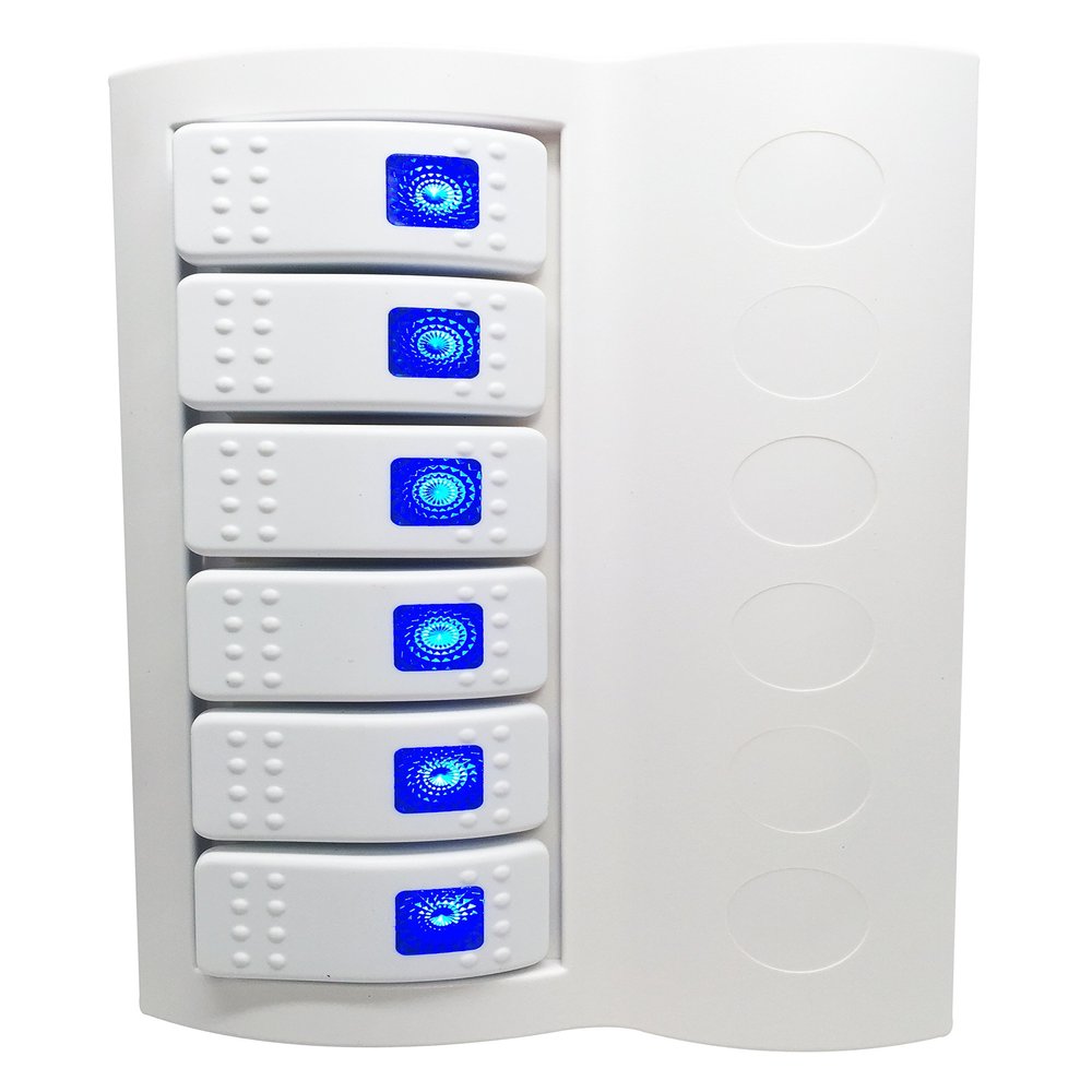 Marine Boat Waterproof White Switch Panel Circuit Breaker 6 Gang Blue LED Rocker