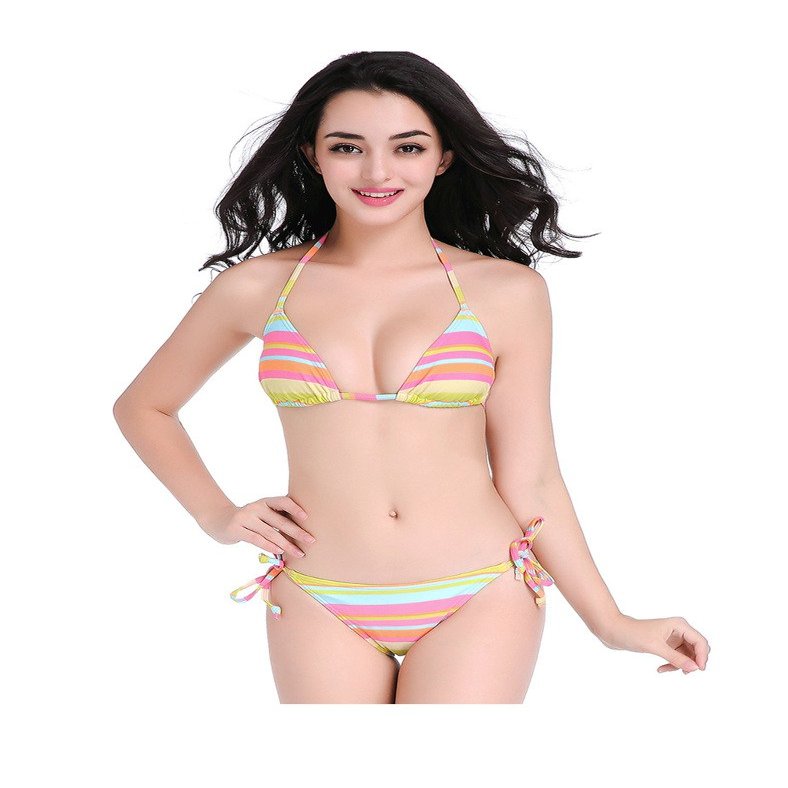 Bestgift Women's Color Stripes Tie Side Underwired Two Piece String Bikini Sets Multicolor XL