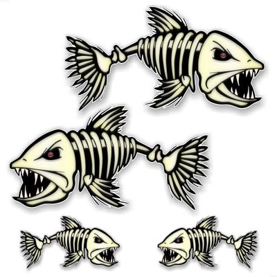 Set of 4 Skeleton Fish Vinyl Stickers (2) 3"x 8" and (2) 1.5''x 4'' Decals for Fishing Boat Tacklebox Lures Crankbait Reels Decal Sticker (4 Decal Set - 2-8" and 2-4'')