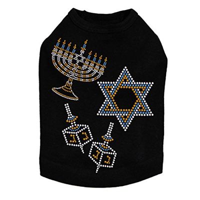 Menorah, Dreidel & Star of David (Blue & Gold) - Clear Rhinestones - Bling Rhinestone Hanukkah Dog Shirt, 3XL Black