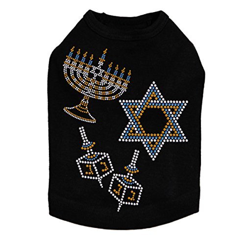 Menorah, Dreidel & Star of David (Blue & Gold) - Clear Rhinestones - Bling Rhinestone Hanukkah Dog Shirt, 3XL Black