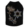 Menorah, Dreidel & Star of David (Blue & Gold) - Clear Rhinestones - Bling Rhinestone Hanukkah Dog Shirt, 3XL Black view 1