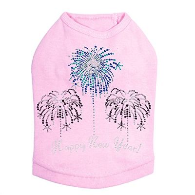 Happy New Year Fireworks - Bling Rhinestone New Year Dog Shirt, L Pink