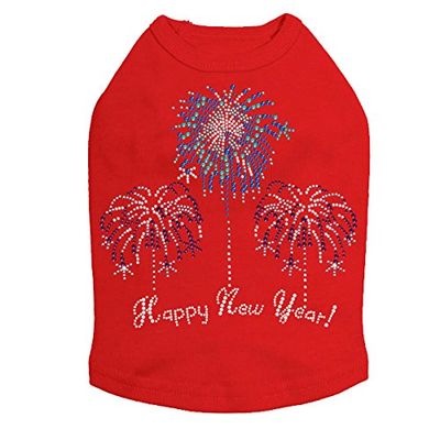 Happy New Year Fireworks - Bling Rhinestone New Year Dog Shirt, 4XL Red