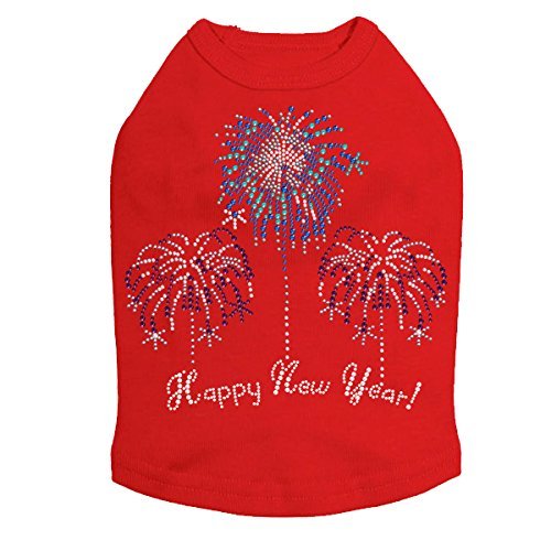 Happy New Year Fireworks - Bling Rhinestone New Year Dog Shirt, 4XL Red