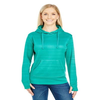 J America Ladies' Odyssey Striped Poly Fleece Lapover Hood L DYNASTY GRN STRP