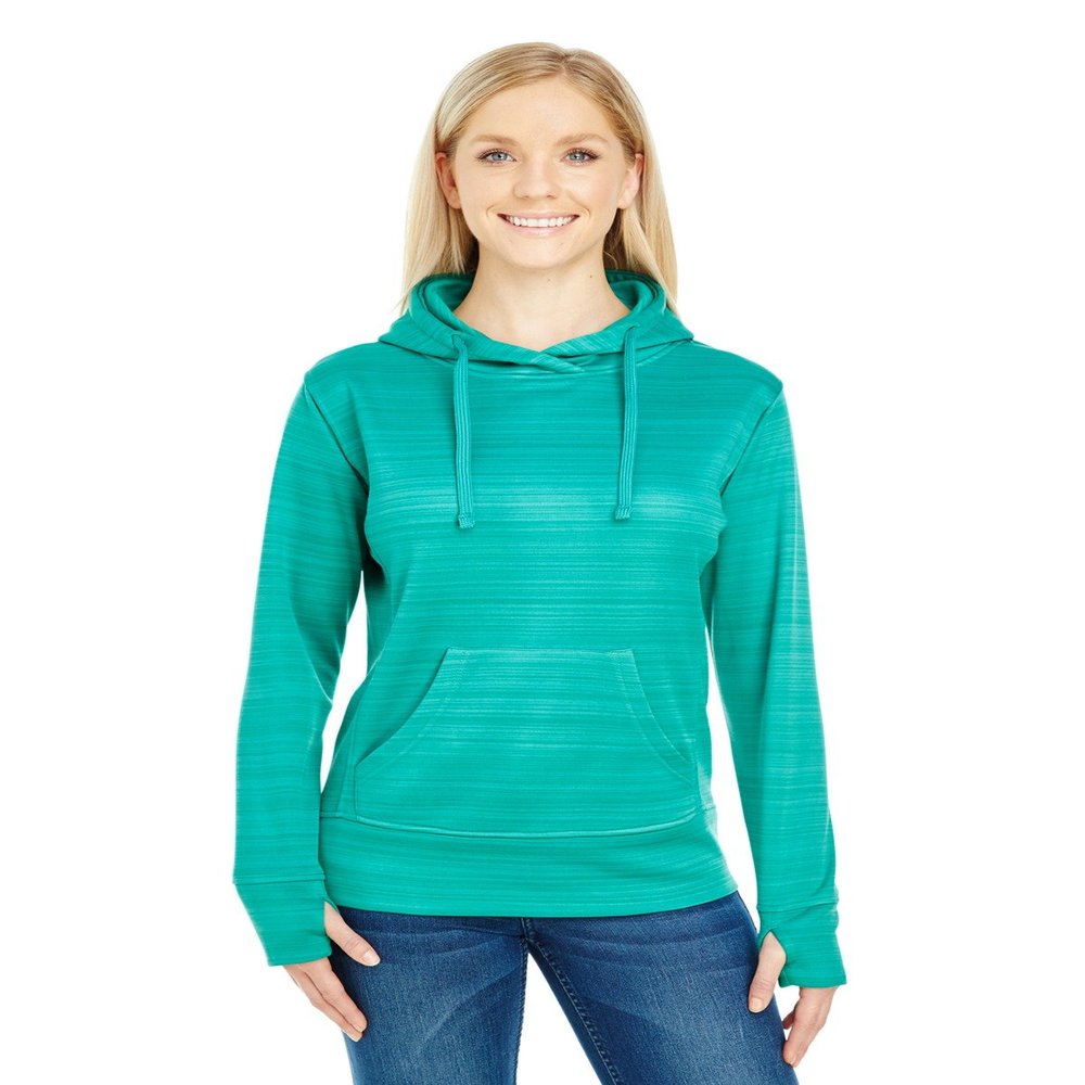 J America Ladies' Odyssey Striped Poly Fleece Lapover Hood L DYNASTY GRN STRP