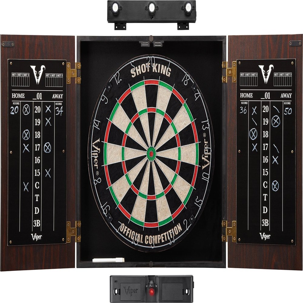 Viper Stadium Cabinet & Shot King Sisal/Bristle Dartboard Play-Ready Bundle: Elite Set (Shot King Dartboard, Darts, Shadow Buster and Laser Throw Line), Black (40-1213)