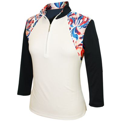 Monterey Club Women's Fountain Floral Print Block 3/4 Sleeve Zip Top #2347 (White/Navy, Large)