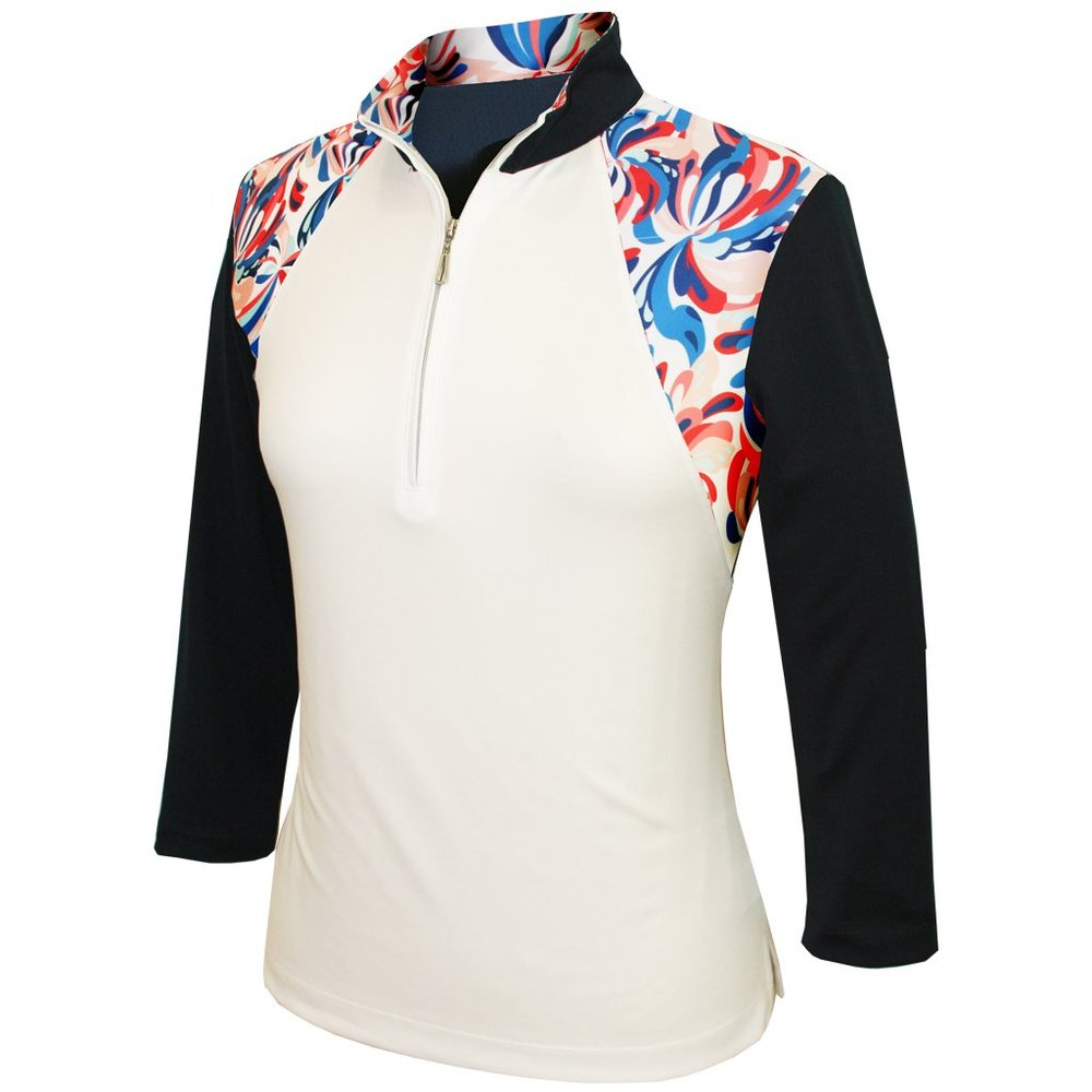 Monterey Club Women's Fountain Floral Print Block 3/4 Sleeve Zip Top #2347 (White/Navy, Large)
