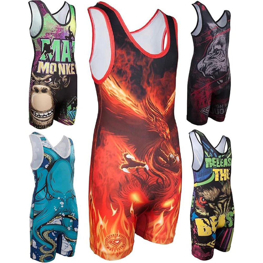 KO Sports Gear Unisex Wrestling Singlet for Adult Wrestlers - Wrestling Singlet for Men & Women - Bold Durable Uniform, Stretchy Breathable Material - Orange Phoenix, Adult X-Large