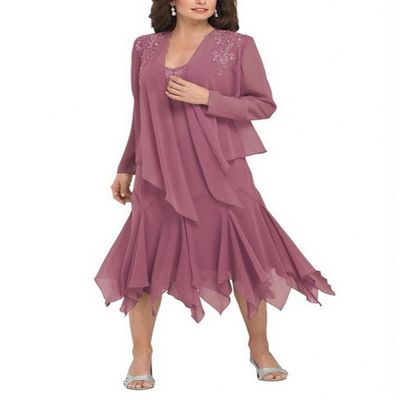 Botong 2 Pieces Chiffon Mother of The Bride Dress Appliqued Jacket Formal Gown US10 As Picture
