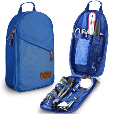 12 Piece Camp Kitchen Cooking Utensil Set Travel Organizer Grill Accessories Portable Compact Gear for Backpacking BBQ Camping Hiking Travel Cookware Kit Water Resistant Case (Blue)