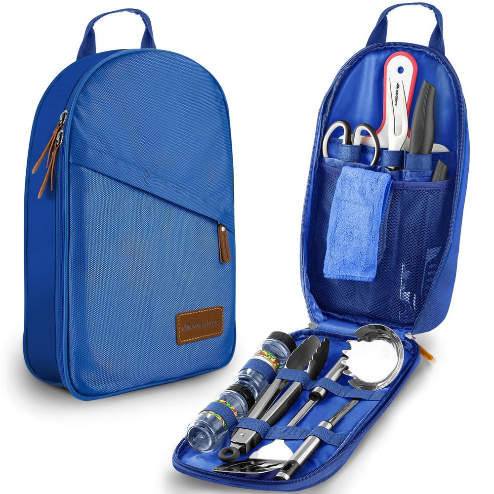 12 Piece Camp Kitchen Cooking Utensil Set Travel Organizer Grill Accessories Portable Compact Gear for Backpacking BBQ Camping Hiking Travel Cookware Kit Water Resistant Case (Blue)