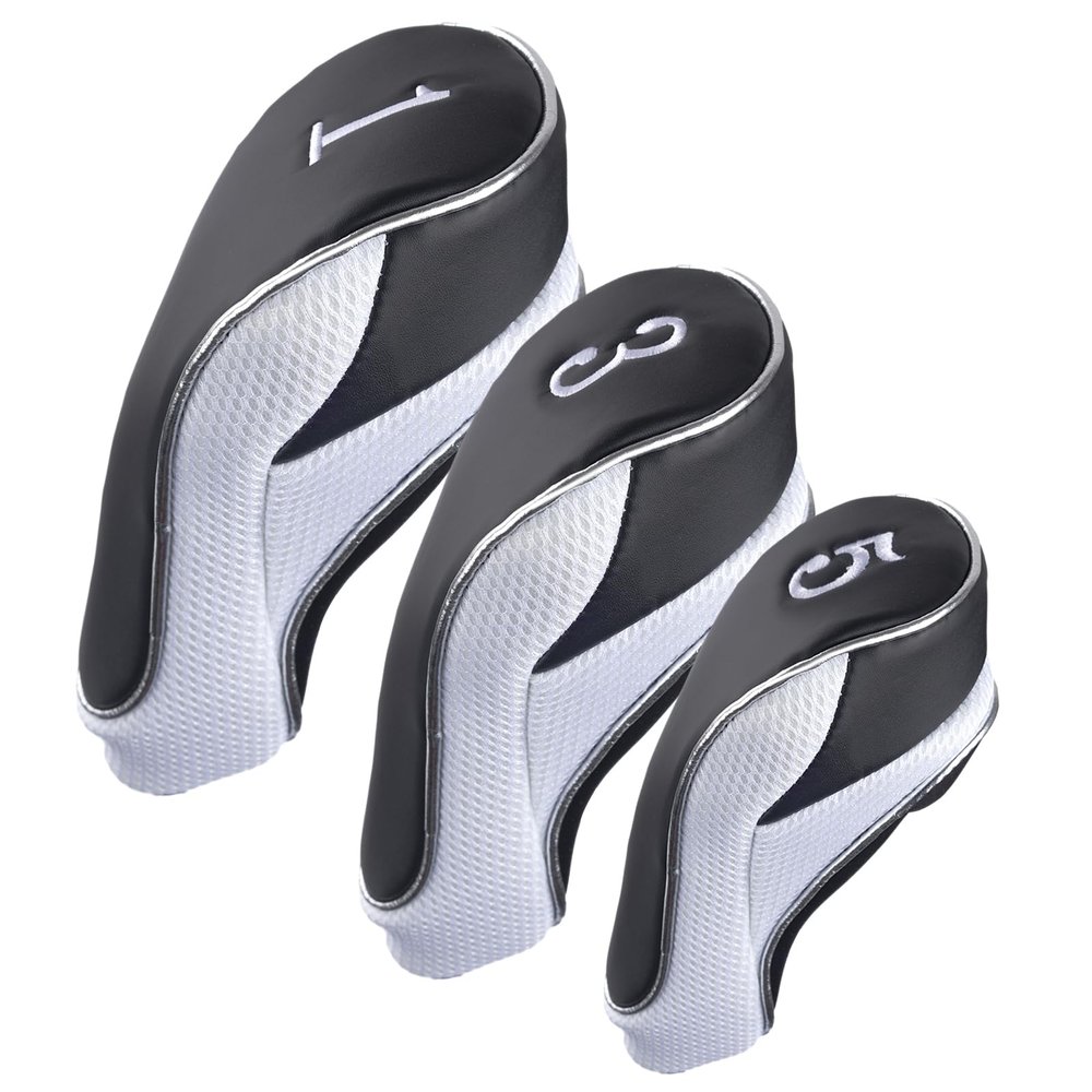 Andux Golf Club Driver Wood Head Covers with Hook & Loop Set of 3 Black/White