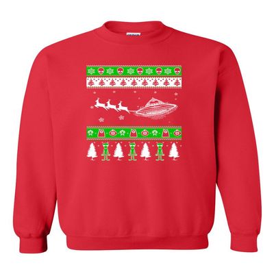 Alien UFO Spaceship Reindeer Ugly Christmas Xmas Funny DT Novelty Crewneck Sweatshirt (Medium, Red)